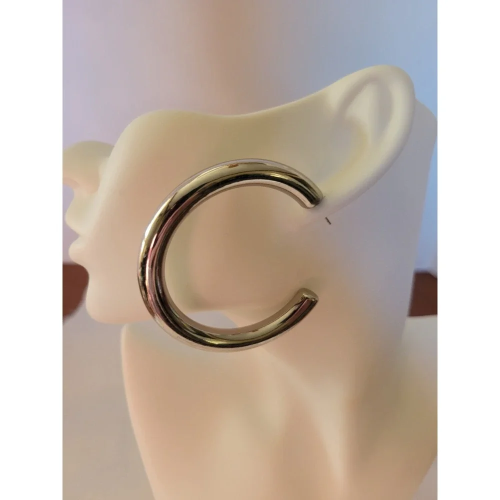 Hoop Pierced Earrings Chunky Silver Tone Hollow‎ Tube Minimalist Silver 2